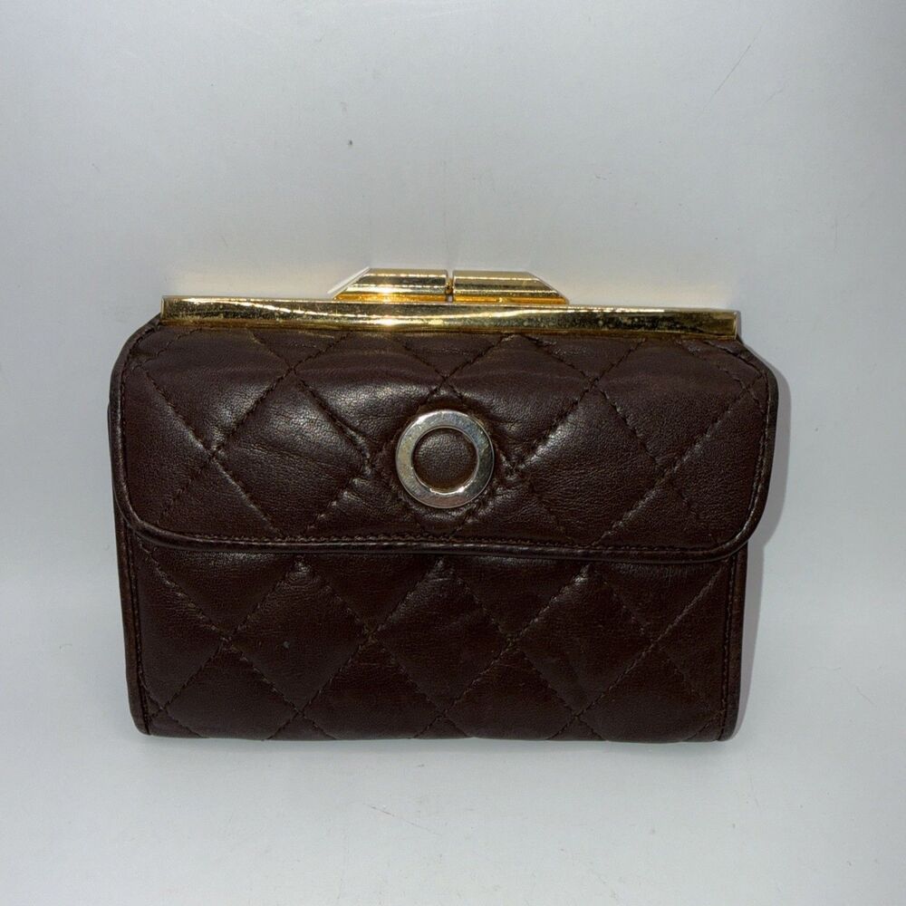 Talbots Elegant Quilted Brown Leather Wallet With Gold Accents